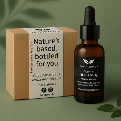 SA Naturals Black Seed Oil 30ML with dropper bottle and eco-friendly box packaging. Buy Black Seed Oil Benefits for skin, hair, and wellness support.